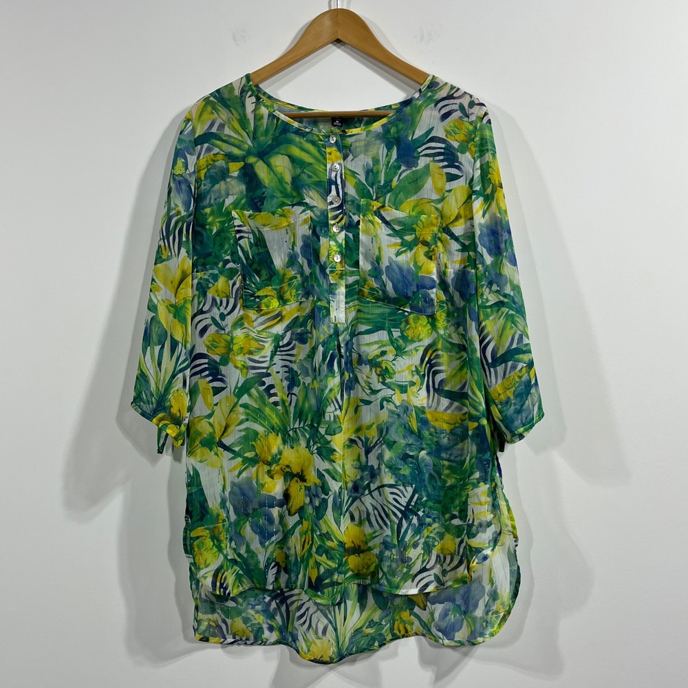 Roz & Ali Tropical Floral Metallic Stripe Tunic Top Womens 1X Resort Boho Artsy